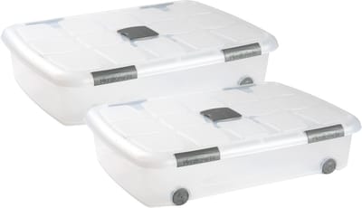 Plasticforte Opslagbox - 2x stuks - met deksel - 41L - 73 x 55 x 16 cm - transparant - opbergbak - met wielen