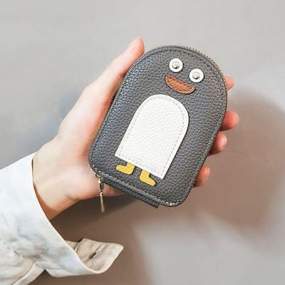 Porte-cartes de crédit en forme de pingouin de dessin animé Porte-monnaie multi-cartes mignon Porte-cartes de visite en cuir gris