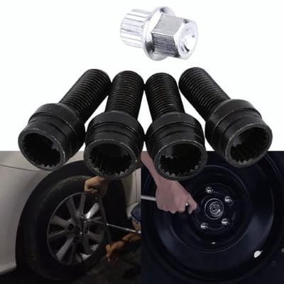 Dailygoods- Wielbouten M14 x 1,5 mm - 4 + 1 Stuks - Zwart Staal - Borgmoer - Sleutel - Corrosiebestendig - Wielmoeren