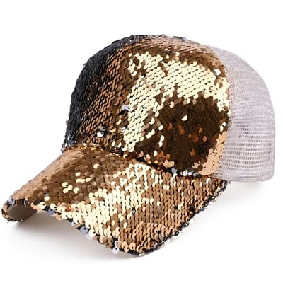 Goud kleurige pailletten baseball pet dames – glanzende cap met kleurveranderende pailletten en mesh achterkant – verstelbare trucker pet met gebogen klep – opvallende dames pet voor feest en outdoor