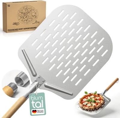 Blumtal Professionele Pizzaschep - Kort handvat - 30,5 x 30,5 cm - Geperforeerde Aluminium Pizzaschep - Houten handvat 60 cm