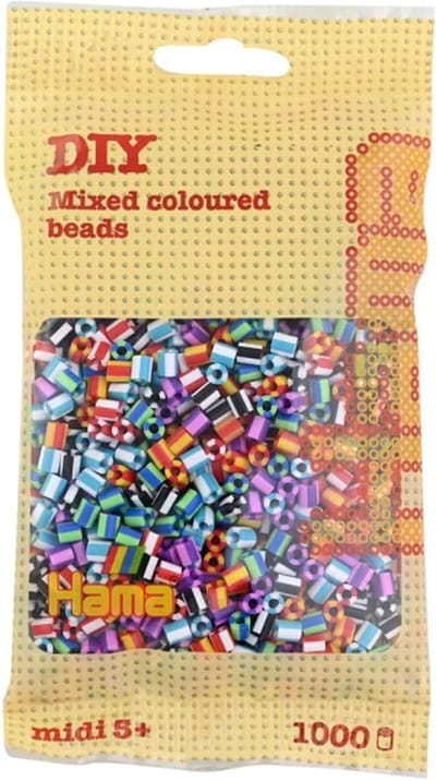 Hama midi 2-kleurig / tweekleurig gestreept multicolor mix strijkkralen (met zij strepen), zakje met 1.000 stuks normale strijkparels (creatief knutselen met kralen / hama beads, cadeau voor kinderfeestje!)