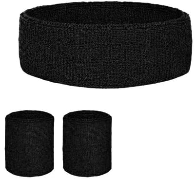 CHPN - Zweetbandjes set - 3-delig - Polsbandjes - Hoofdband - Badstof - Zwart - Sportbandjes - Zweet banden - Geen zweet tijdens het sporten - Zweet afvegen
