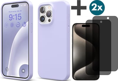 Hoesje met Privacy Screenprotectors 2 Stuks Geschikt voor iPhone 15 Pro Hoesje Siliconen - liquid case - Arara Backcover - Lila