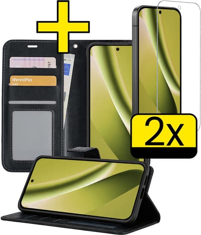 Hoesje - Met 2x Screenprotector - Geschikt voor Google Pixel 10a - Luxe Pasjeshouder - Bookcase Portemonee - Flip Case - Kunstleer Book Case - Flipcase Hoes - Book Cover - Walletcase - Portemonneehoes - Telefoonhoesjes - Zwart