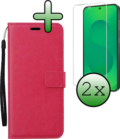 Hoesje Met 2x Screenprotector - Geschikt voor Samsung Galaxy S25 - Luxe Pasjeshouder - Bookcase Portemonee - Flip Case - Kunstleer Book Case - Flipcase Hoes - Book Cover - Walletcase - Portemonneehoes - Donkerroze