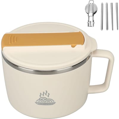 Noedelkom met Stokjes en Spork 1200ml 304 Roestvrij Staal Draagbare Ramen Kookkom met L(for 6.5-9kg) beige