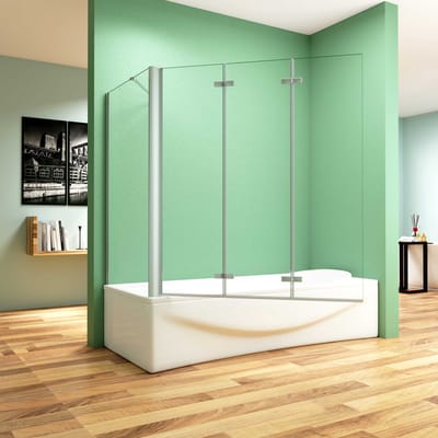 130x75x140cm Badscherm Badwanden Badwand 3 panelen vouwbaar met vast zijwand,6mm NANO helder ESG-veiligheidsglas,profiel van glanzend chroom