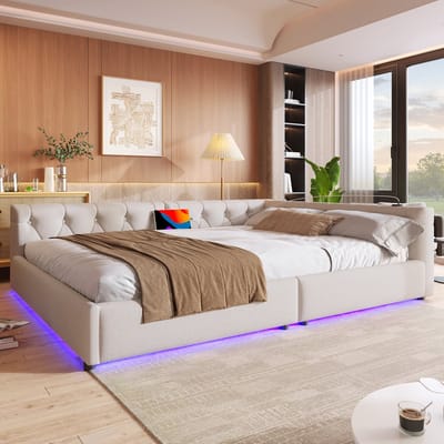 KOMHTOM - Slaapbank - Dagbed - 140x200 cm - Beige - Linnen - Hoofdeinde met knopen - Met sfeerverlichting en afstandsbediening - USB + Type-C - Inclusief lattenbodem - Zonder matras