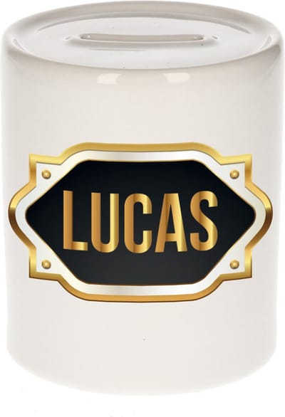 Spaarpot met voornaam Lucas - wit - met goud/zwart embleem - 8 x 9 cm - keramiek - met afsluitdop - cadeau verjaardag