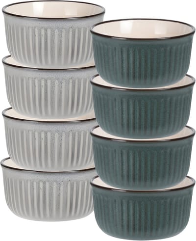 Soepkom Striped - set 8x - grijs / groen - 14 x 7 cm - keramiek - kommetjes - 500 ml