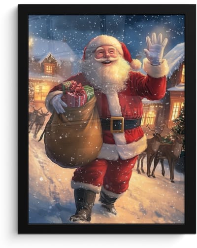 Poster in lijst - Fotolijst 30x40 cm - Posters - Kerstman - Dorp - Hert - Donker - Posterlijst zwart - Decoratie - Wanddecoratie woonkamer - Muurdecoratie slaapkamer - Kerstversiering - Kerstdecoratie voor binnen - Kerstmis