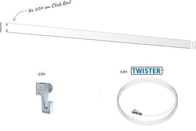 Artiteq Click Rail Schilderij Ophangsysteem 16 meter - Complete Set - Inclusief haken, draden en bevestigingsmaterialen - Wit primer RAL 9016 - 4 kg/m- Ophangsystemen en rails voor schilderijen, posters en foto's - Ophangen zonder boren
