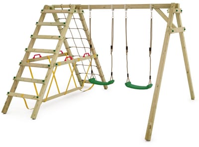 Wickey Smart Hike Speeltoestel - Dubbele schommel met Klimaanbouw en Evenwichtsbalk - Flexibele schommelverbinder - 315x260x215 cm - Groen