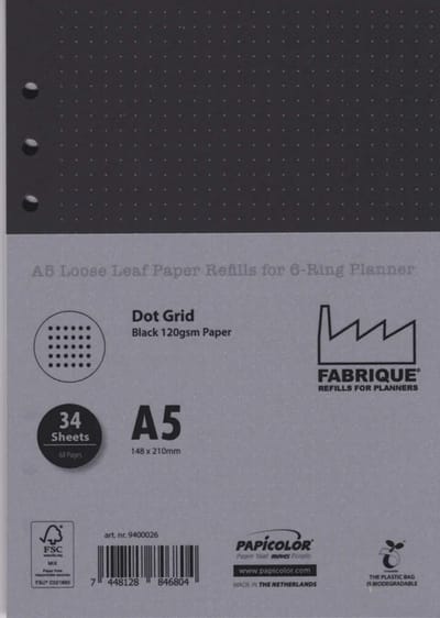 Aanvulling / Navulling A5 geschikt voor o.a. Filofax, Succes Losbladige Planners 68 Pagina's 120gr/m² Dotted Zwart Papier