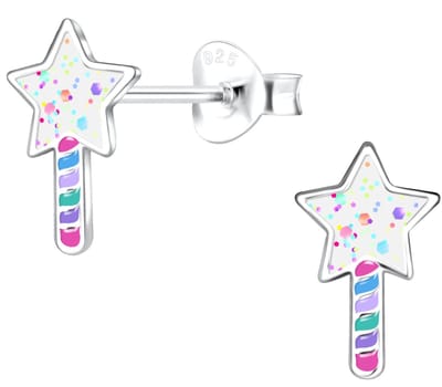 Joy|S - Zilveren ster oorbellen - 6 x 10 mm - glittertjes en verschillende kleurtjes - kinderoorbellen
