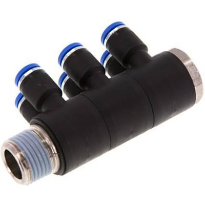 8mm x R1/2'' 6-way Manifold Messing/PA 66 Insteekfitting Buitendraad Draaibaar NBR