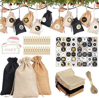 Adventskalender Jute Tassen voor Vullen, Herbruikbare Zakjes met Houten Clips, Touw en Stickers voor Kerstdecoratie