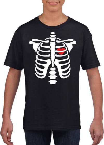 Halloween skelet t-shirt zwart jongens en meisjes - Halloween kostuum kind 134/140