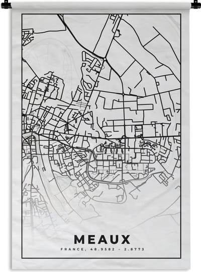 Wandkleed - Wanddoek - Stadskaart - Meaux - Plattegrond - Kaart - Frankrijk - Zwart wit - 120x180 cm - Wandtapijt