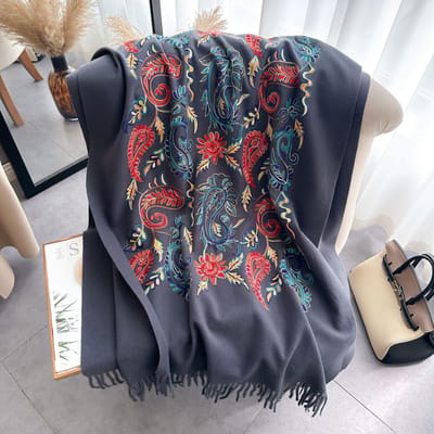 Écharpe Chaude en Cachemire d'Hiver pour Femmes Broderie Cachemire Châle Épais Enveloppe Foulard Poncho Élégant Bufanda 65X185cm black
