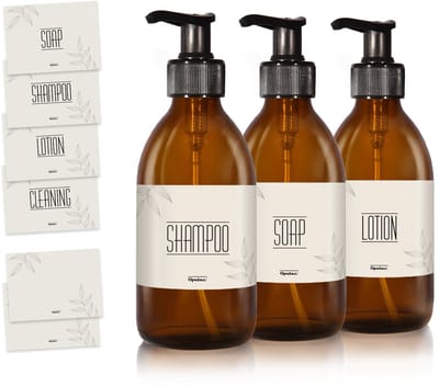 Oputec 3x 250ml amberglas – zeepdispenser pompflessen – navulbare fles + etiketten – extra zuinig tot -70%
