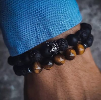 Leerella Kroon Armband - Zwart met Bruin Kleurig Kralen - Kralen Armband Heren en Dames - Kralen Armband Mannen - Verjaardag - Valentijnsdag