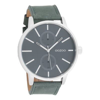 OOZOO Timepieces - Zilverkleurige horloge met groene leren band - C10500