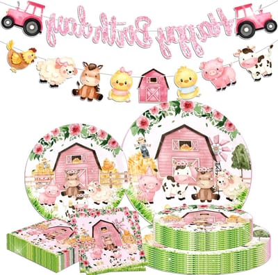Roze wegwerp bordjes met boerderij dieren voor een kinderfeestje, feestaccessoires en decoratie voor 10 gasten