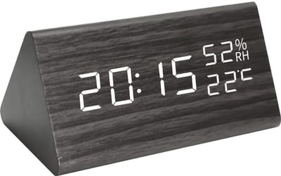 KZQ Digitale LED-wekker - Gebruiksvriendelijk - Grote, gemakkelijk leesbare cijfers, met temperatuur- en vochtigheidssensor, houten elektronische wekker, geschikt voor slaapkamer of nachtkastje, zwart.