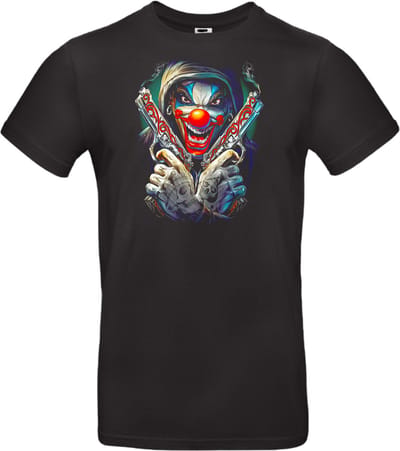 T-shirt zwart met opdruk Clown schedel badass pistolen / maat S van Shirtmakelaar