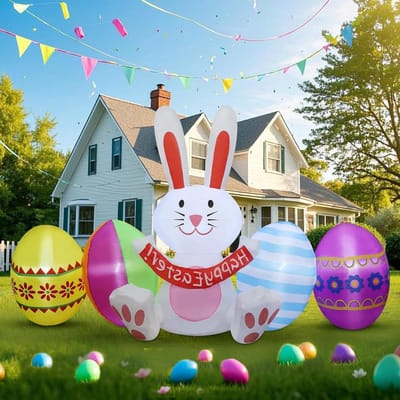 Opblaasbare Paasdecoratie - Paashaas Tuindecoratie - Buitenfeest Versieren - Zelfopblazend Draagbaar - 7 FT Hoog - Multicolor