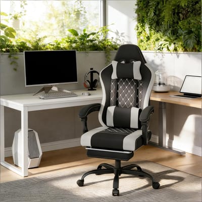 FloraGrace Ergonomische Bureaustoel Met Massage Lendenkussen Verstelbare Rugleuning En Voetensteun Voor Thuiswerk En Gaming Zwart Grijs Metaal