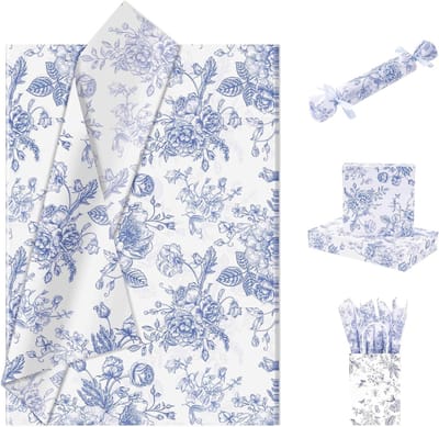 Zijdepapier vintage bloemen blauw wit