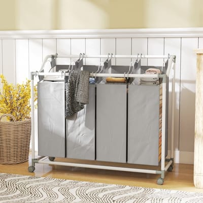 MODFU Wasmand met 4 Vakken – 160 Liter – Op Wielen met Rem – Voor Badkamer, Slaapkamer of Wasruimte – Metaal – Grijs – 97 x 38 x 81 cm