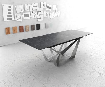 Eettafel Edge Laminam® keramiek grijs 180-220x100cm middenvoet vlak staal zilver