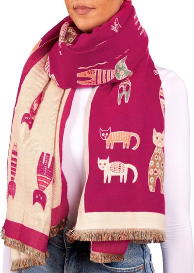 BRUBAKER Cashmirillo damessjaal met kattenpatroon, 70 x 200 cm, warm, behaaglijk en oversized, wollen sjaal , herfstsjaal, wintersjaal, zachte kasjmier, roze, Eén Maat - Moederdag Cadeautje