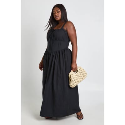 boohoo Dames Plus Jurk Met Lijfdetail En Strikje Vooraan In Maxi Skater Stijl | Zwart | Maat: 44