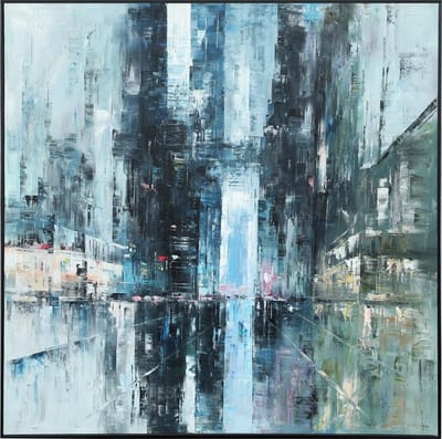 Fine Asianliving Olieverf Schilderij 100% Handgeschilderd 3D met Reliëf Effect en Zwarte Omlijsting 120x120cm Stad Blauw