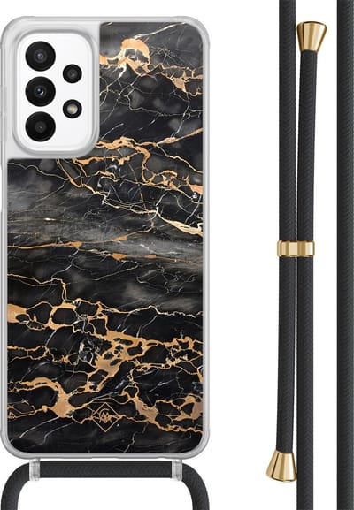 Casimoda® hoesje met zwart koord - Geschikt voor Samsung A23 - Marmer Grijs Brons - Afneembaar koord - TPU/acryl - Zwart