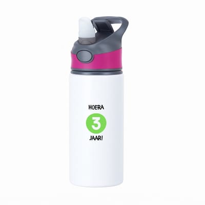Hacebo® - Hoera 3 jaar waterfles met rietje roze - Verjaardag - Jarigen - Verjaardagscadeau - peuter - Happy birthday - water fles - 650ML