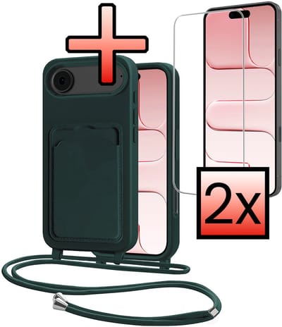 Hoes Geschikt voor iPhone Air Hoesje Pasjeshouder Cover Met Koord Case Siliconen Hoes Met Telefoonkoord en Kaarthouder Met 2x Screenprotector - Donkergroen