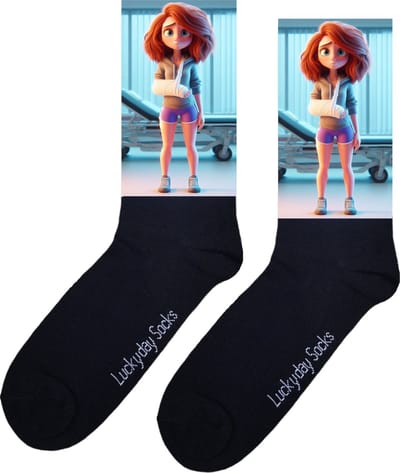 Opkikkertje - bedankje - vrouw rood - gebroken arm - ziekenhuis sokken - Verpleging Sokken - Vrolijke sokken - Leuke Sokken - opkikker - beterschap - sokken waar van wordt - LuckyDay Socks - maat 37-44