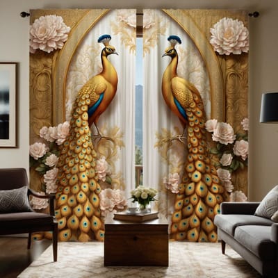 Rideau jaune numérique HD en 2 pièces avec image de fleur pivoine paon style décoration intérieure Décorer salon chambre à coucher porter tringle W52H63inchW132H160cm white