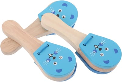 Peuter Castagnetten - Muis Speelgoed - Vroege Muziekeducatie - Natuurlijke Houtafwerking - 12cm Lengte - Blauw