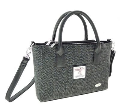 Handtas Brora small tote bag Houtskool Grijs Visgraat - Ritssluiting - Draagband - Harris Tweed - Glen Appin of Scotland