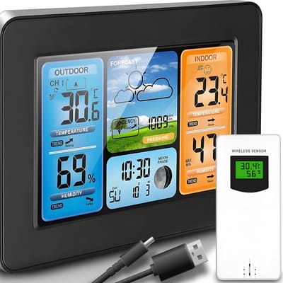 Weerstation Draasloos Binnen/Buiten - Weerstation - Zwart/Zilver - Draadloos met Buiten Sensor - Digitale Kleurenweergave - Voor Thuis en Kantoor