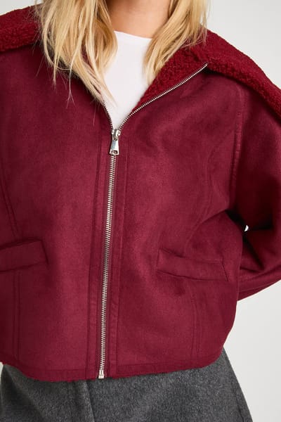boohoo Dames Teddy Trim Nepsuede Aviator | Burgundy | Maat: 8