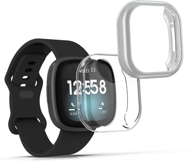 kwmobile 2x smartwatch hoes geschikt voor Fitbit Versa 3 / Sense hoesje - Siliconen sporthorloge cover - Activity tracker case in transparant / zilver