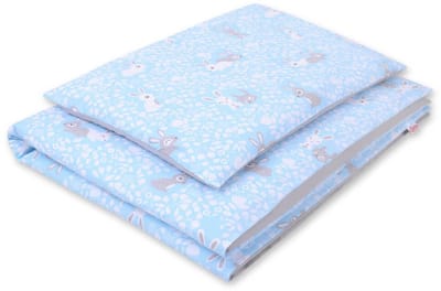Dubbelzijdig babykatoenen beddengoedset 2-delig 120x90 - blauwe konijntjes/grijs